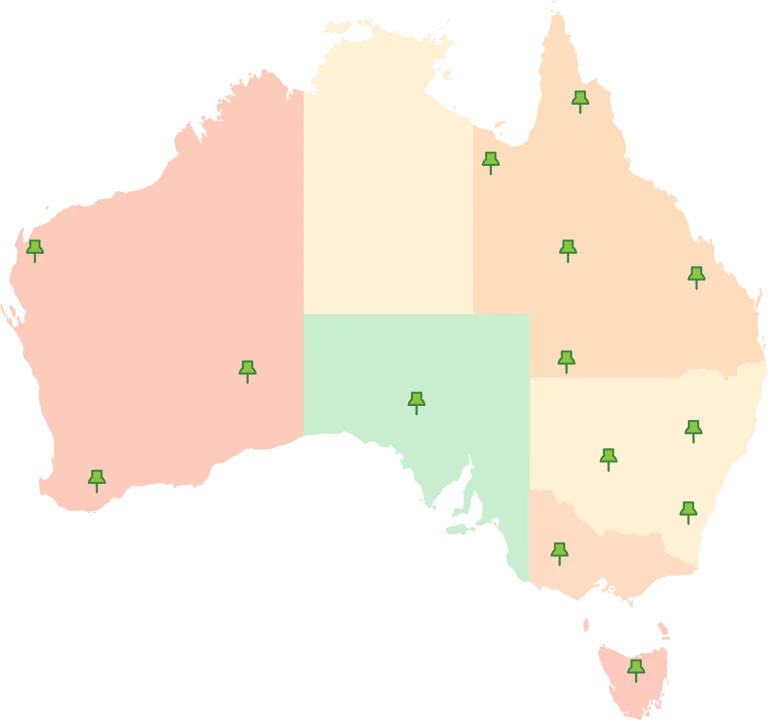 Map of Australia showing popular study destinations for international students